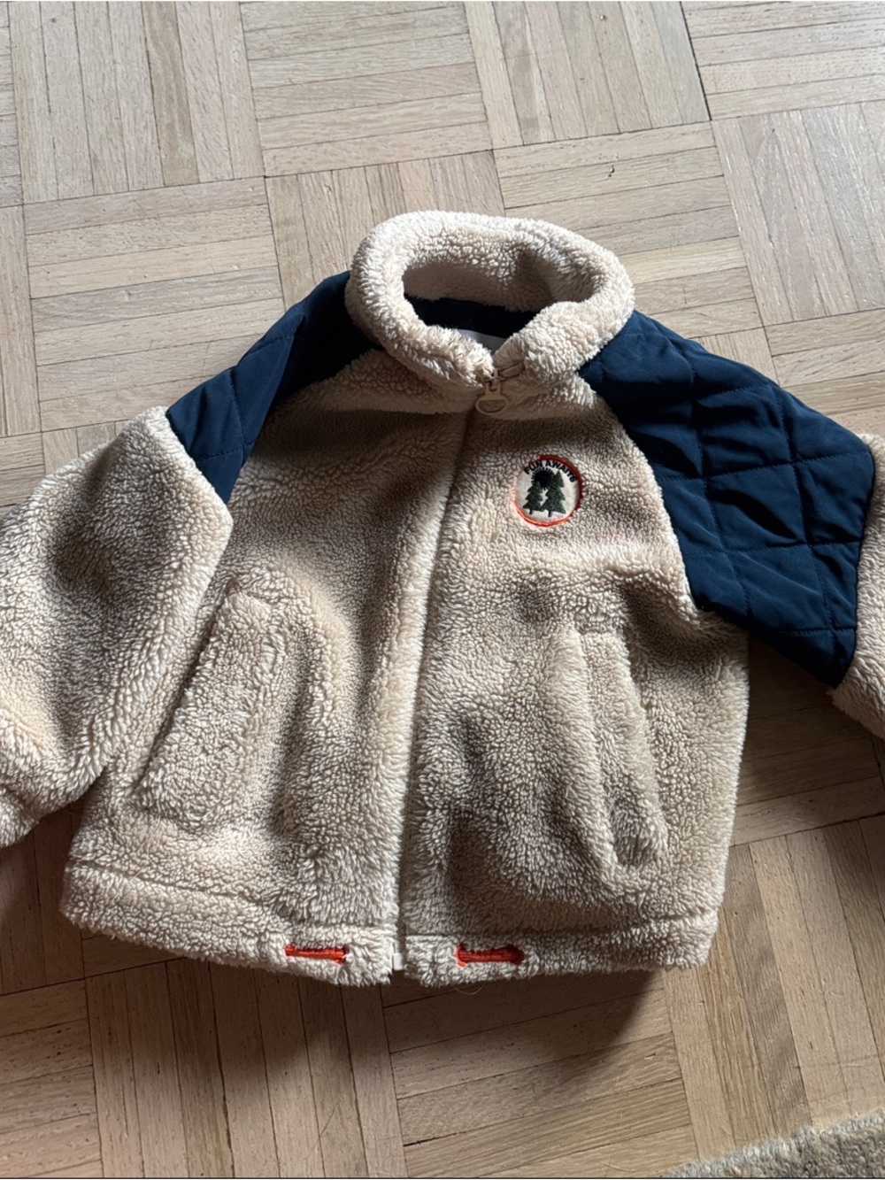 Zara Cozy Sherpa Jacket with Navy Quilted Shoulder
